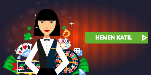 Casino temalı arka planla krupiye illüstrasyonu ve katıl butonu