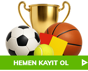 Kupa, futbol topu, basketbol topu, tenis topu, sarı kart ve kırmızı kart olan bahigo türkiye görseli